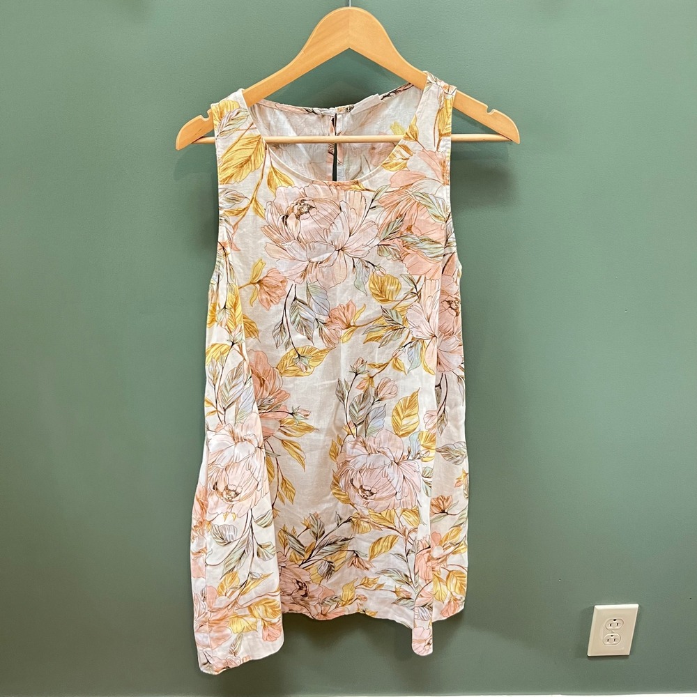 Nicole Miller New York 100% Linen Floral Sleeveless Top White Peach Yellow M
